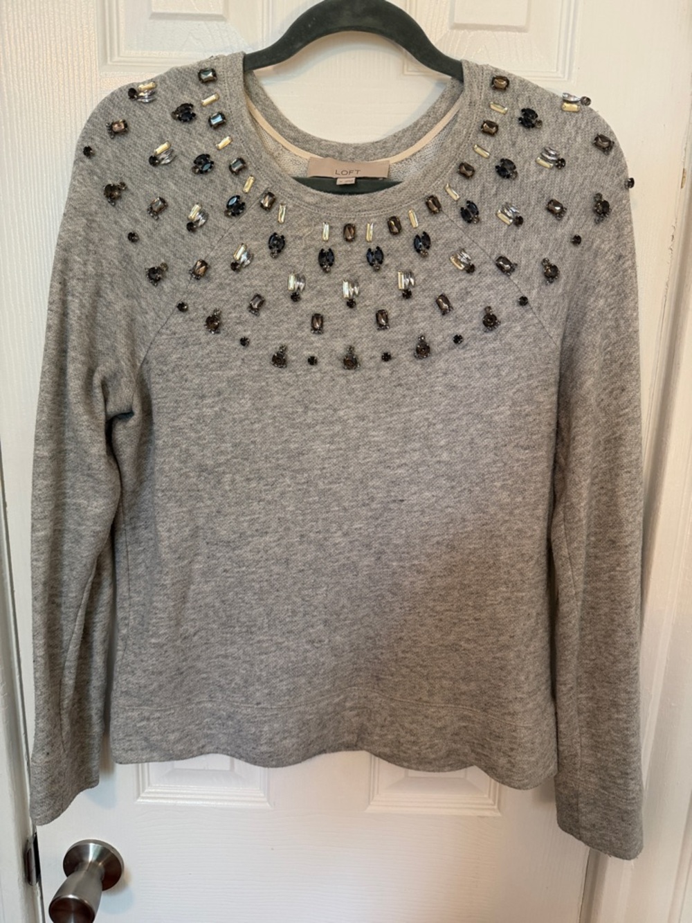 LOFT Gray Embellished Crewneck Sweater
